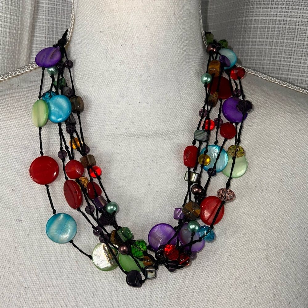 Vintage Premier Designs Colorful Beaded Necklace Rainbow Boho Clasp